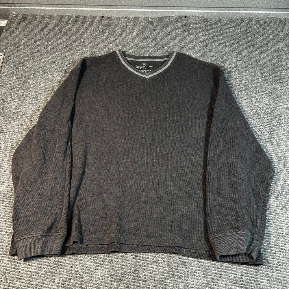 Faded Glory Thermal Shirt Mens 3XL Dark Gray Excellent V-Neck Waffle Knit